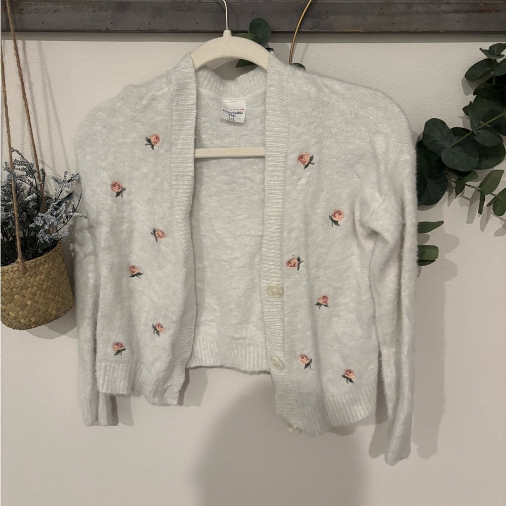 Abercrombie Kids Pink and White Cardigan Sweater with Floral Details